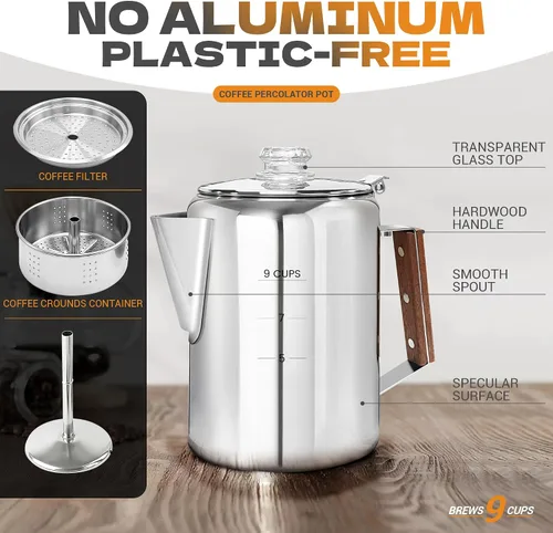 Vista 3 de Percolator Pot - Olla de café de acero inoxidable para acampar, sin aluminio o plástico, estufa de café (9 tazas)
