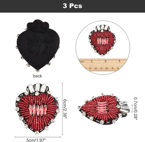 Vista 2 de INFUNLY Parche de corazón de diamantes de imitación, 3 parches de cuentas de corazón hechos a mano, corazón rojo para coser en apliques, insignias