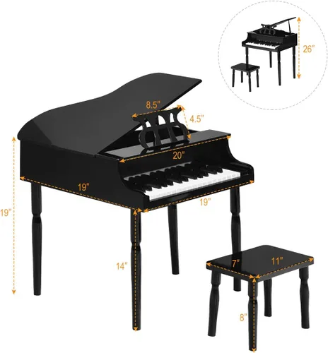 Vista 7 de Costzon Piano Clásico para Niños, Piano de Juguete de Madera con 30 Teclas, con Soporte para Partituras y Banco, Mini Juguete Musical para Niños