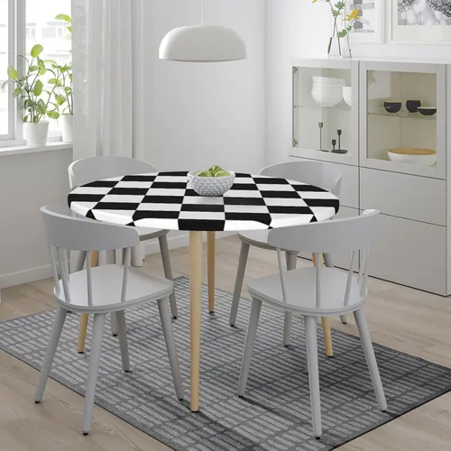 Vista 8 de Fiokroo Mantel con estampado a cuadros blancos y negros con borde elástico, mantel redondo de ajedrez, lavable, reutilizable, para cocina, comedor