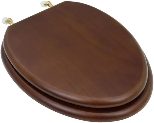Vista 25 de Renovators Supply Manufacturing Asiento de retrete alargado de madera de caoba ligera con las bisagras de cobre amarillo de PVD y el parachoques