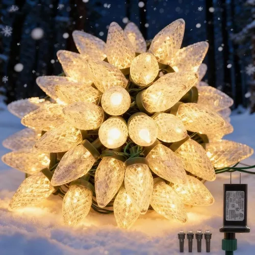 Vista 5 de Luces de Navidad C9 para exteriores, 33 pies, 50 luces LED, 8 modos de iluminación, impermeables, extensibles para interiores y exteriores, techo