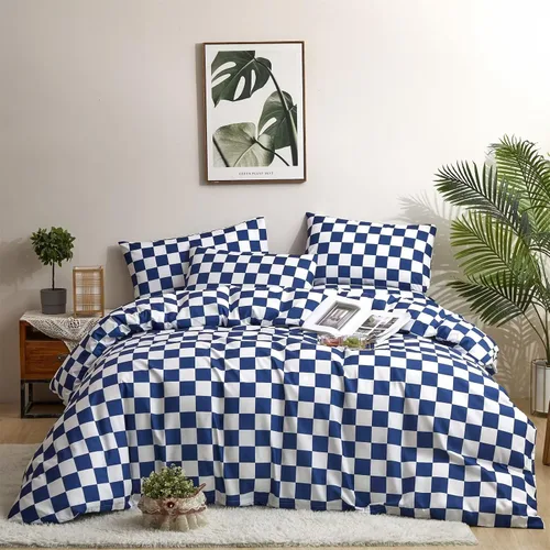 Vista 14 de Houseri Juego de funda de edredón de tamaño individual a cuadros azul claro y blanco para niños, juego de cama azul bebé para niños y niñas, juego