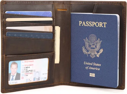Vista 5 de Polare - Cartera de viaje de cuero de grano completo, plegable, funcional, delgada, con bloqueo RFID, soporte para pasaporte para hombres, Marrón