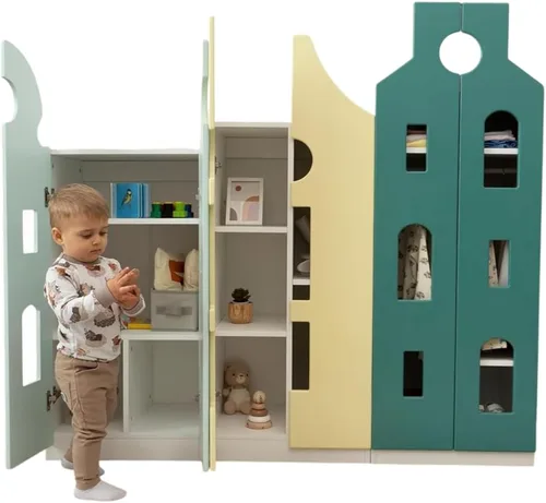 Vista 11 de Armario de vestir para niños pequeños fabricado en Europa, 9 colores de almacenamiento para niñas y niños, pintura a base de agua, armario de vestir