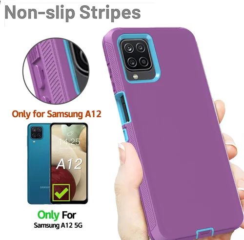 Vista 3 de Funda resistente para Samsung Galaxy A12, con clip, a prueba de golpes y caídas, a prueba de polvo, morado y azul cielo