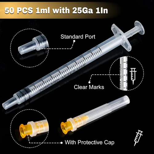 Vista 3 de 50 paquetes de jeringas de 1ml con aguja de 25Ga de 1 pulgada, embalaje sellado individualmente