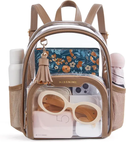 Vista 15 de Missnine Mochila transparente aprobada para estadios, mini bolsa transparente de PVC grueso con ribete de cuero para eventos deportivos, conciertos