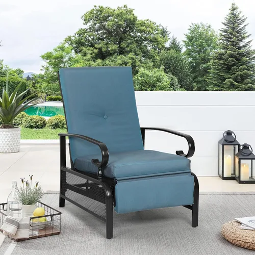 Vista 2 de Oakcloud Sillón Ajustable para Exteriores Silla Reclinable Relajante de Metal para Patio con Cojines Extraíbles (Azul Pavo Real)