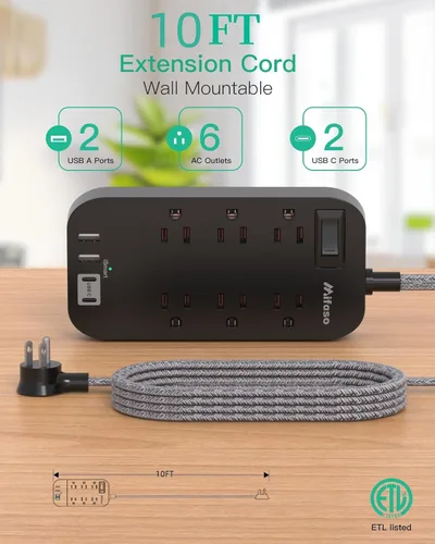 Vista 3 de Regleta de alimentación - Cable de extensión de enchufe plano de 10 pies de largo, 6 tomas, 4 puertos USB (2 USB C), extensor de toma, montaje