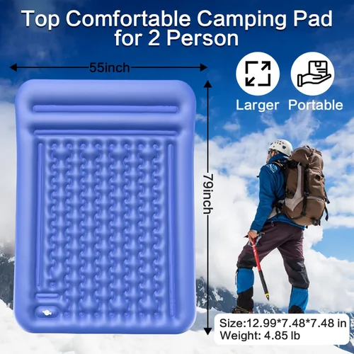 Vista 2 de Colchoneta de dormir doble para campamento, extra gruesa de 5 pulgadas, autoinflable para 2 personas, con bomba de pie integrada, alfombrilla