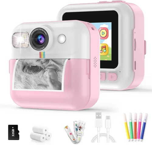 Vista 14 de Cámara para Niños Varones, Cámara de Juguete Portátil de Impresión Azul para Niños Pequeños 1080P Cámaras de Video Niños Cámara de Impresión