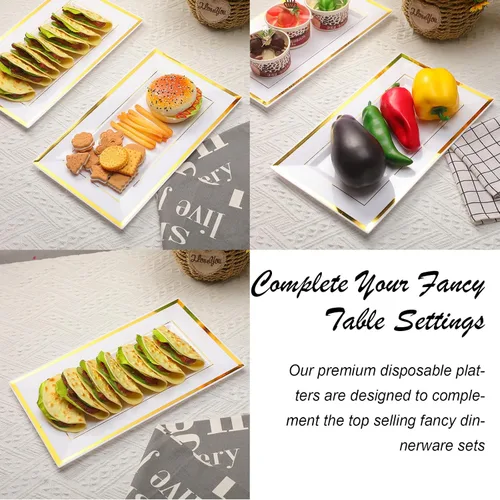 Vista 4 de Uiifan 30 bandejas de plástico para servir a granel, borde de oro blanco, elegante, rectangular, desechable, mesa de postre de plástico, bandejas
