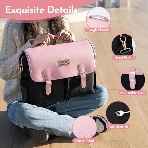 Vista 2 de Bolsa de mano para laptop para mujer, bolsa de trabajo de lona de 15.6 pulgadas con 17 bolsillos, color negro y beige, elegante, duradera y ligera
