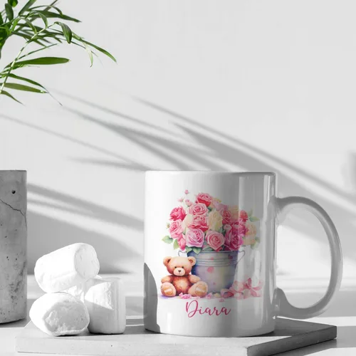 Vista 6 de Tazas de cerámica personalizadas del cubo de rosas con nombre, Taza de flores, Taza de café de flores de rosas personalizadas, Taza de té floral