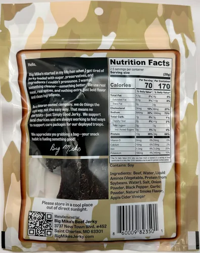 Vista 2 de Big Mike's Premium Beef Jerky - Original - Sin azúcar - Sin gluten - Sin nitratos - Todo natural