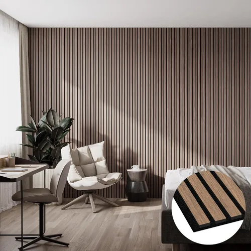 Vista 9 de Bark & Bole Oak - Paneles acústicos de chapa de madera texturizada 3D para pared y techo, solución decorativa que absorbe el sonido para hogares