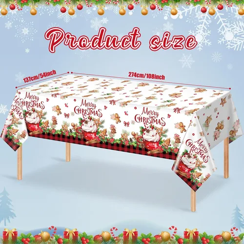 Vista 2 de 3 piezas de manteles de fiesta Feliz Navidad a cuadros de búfalo de pan de jengibre, cubierta de mesa rectangular de plástico rojo y negro a cuadros