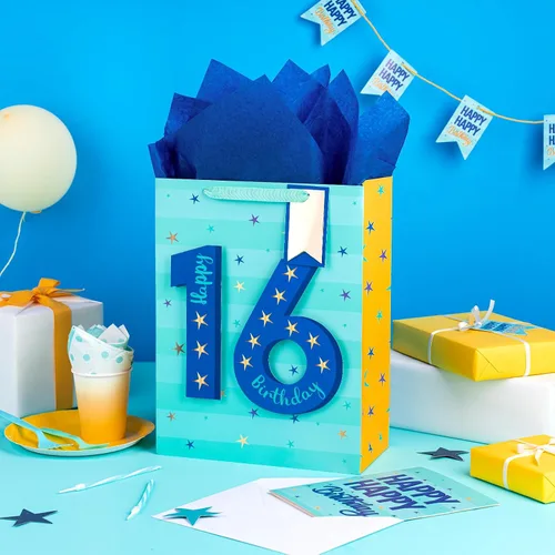 Vista 3 de Loveinside Bolsa de regalo azul de cumpleaños con papel de seda, etiqueta de regalo y tarjeta de felicitación para niños, adolescentes, fiestas