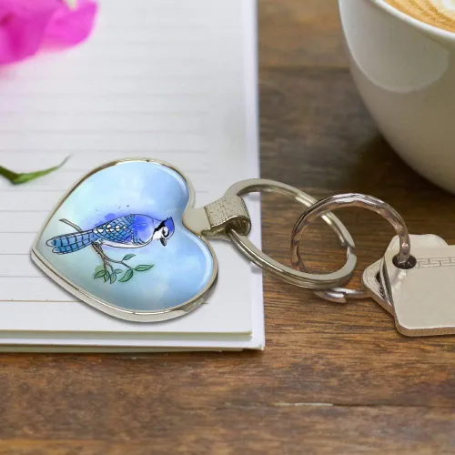 Vista 5 de GRAPHICS & MORE Blue Jay Watercolor Northeastern Bird Keychain Heart Love Metal Key Chain Ring