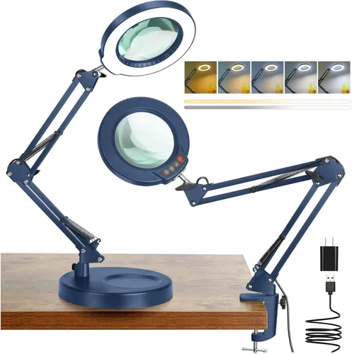 Vista 10 de Coyeth lupa de 10 aumentos con luz y abrazadera, lupa iluminada con soporte de vidrio real, lámpara de escritorio LED regulable sin escalones con 5