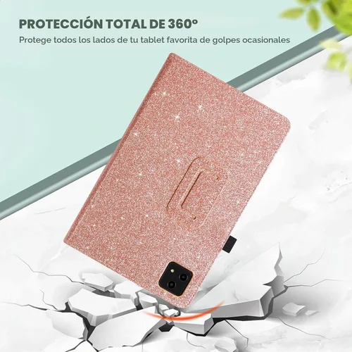 Vista 3 de Funda para tablet T-Mobile Revvl Tab 5G - Funda de piel sintética con soporte para lápices, purpurina oro rosa