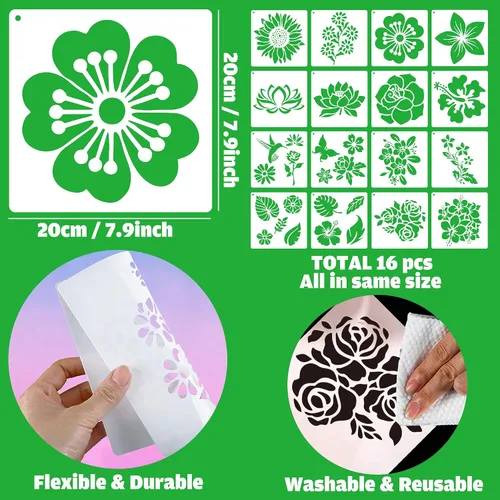 Vista 2 de Sotpot 16 plantillas de flores para dibujar flores grandes, plantillas de pintura, plantillas de bricolaje para pared de madera, decoración del hogar