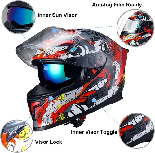 Vista 4 de BEON Full Face Motorcycle Helmet, Street Bike Helmet with Clear&Tinted Visors and Multiple Vents, Motocross Casco DOT Approved for Adult Men Women