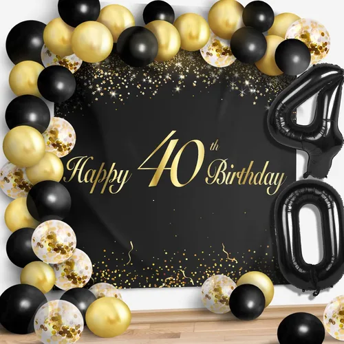 Vista 40 de Globos de Feliz 10 Cumpleaños Negros Set Decor - Saludos a la Fiesta de 10 Años de Edad, Guirnalda, Bandera, Telón de Fondo, Decoraciones