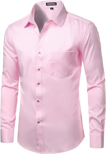 Vista 3 de ZEROYAA Camisas formales de vestir de manga larga con botones y bolsillo para hombre