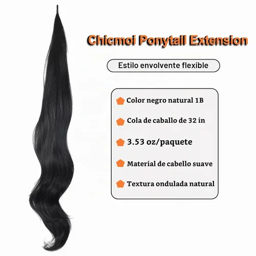 Vista 2 de Chicmoi Extensión de Cola de Caballo Negra de 32 Pulgadas Flexible, Envolvente, Extensiones de Cabello Ondulado Largo para Mujeres y Niñas, Cabello