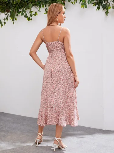 Vista 2 de OYOANGLE Vestido midi bohemio con estampado floral y tirantes delgados, cuello en V, volantes, cintura alta, cinturón, acampanado, para mujer