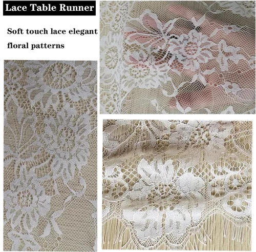 Vista 3 de 10 caminos de mesa de encaje blanco de 120 x 14 pulgadas, camino de mesa bohemio vintage con flores para banda de silla, camino de mesa rústico