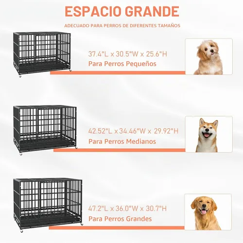 Vista 5 de LEMBERI - Jaula para perro indestructible y resistente de 48/38 pulgadas, a prueba de escapes con ruedas bloqueables, doble puerta para evitar