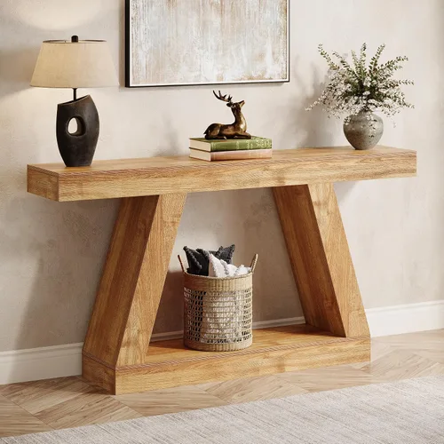 Vista 9 de Tribesigns Mesa consola de granja, mesa de sofá rústica de 55 pulgadas con almacenamiento, mesa de entrada de madera industrial para pasillo, sala