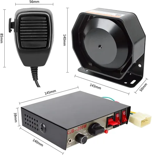 Vista 2 de Altavoz de sirena de coche Safego Police Siren Speaker Car Pa System, Dc12v 200w 9 tonos, micrófono de mano con cable Altavoz de emergencia Sirena