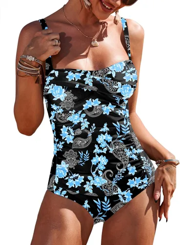 Vista 42 de Ekouaer Traje de baño de una pieza para mujer, con control de abdomen, fruncido, estilo vintage, retro, con efecto de realce Azul