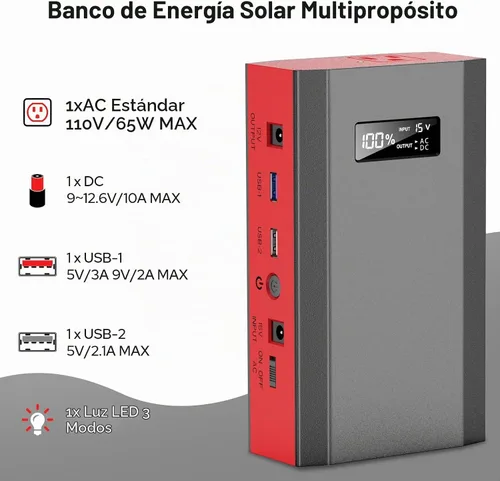 Vista 4 de Banco de energía solar con salida de CA 110 V 65 W, 100 W, USB C de 100 W, batería de carga rápida con panel de cargador solar de 30 W, plegable