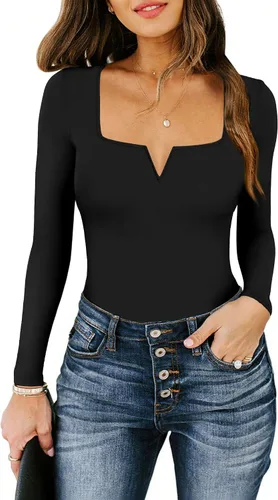 Vista 4 de Chunpin Body de manga larga para mujer, cuello cuadrado, muesca, cuello en V, traje de cuerpo de doble forro para salir, trajes de tanga Slim Fit