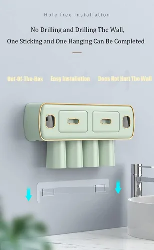 Vista 4 de Soporte para cepillos de dientes montado en la pared para baño y baño, kit de exprimidor de pasta de dientes doble automático, kit de exprimidor