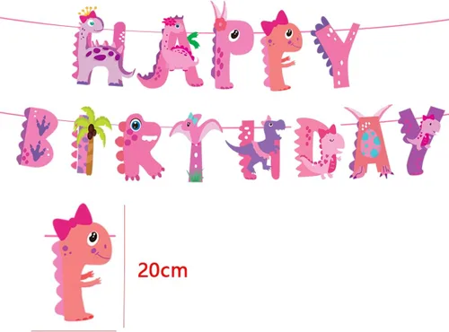 Vista 2 de Cartel de dinosaurio rosa, suministros para fiesta de cumpleaños de dinosaurio para niña