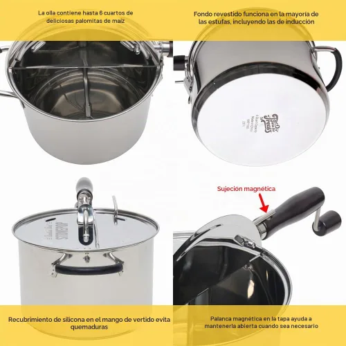Vista 2 de Palomitas de maíz StovePop de acero inoxidable - Manivela sin engranajes, tapa magnética, 5.7 L - Compatible con estufa de inducción