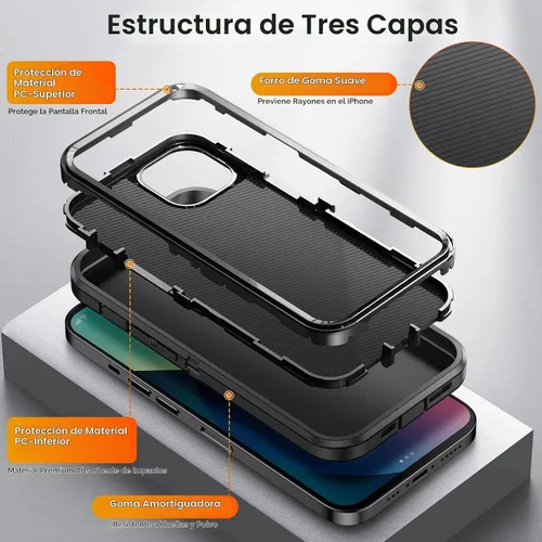 Vista 6 de Funda para iPhone 13/14, híbrida 3 en 1, mate, delgada, para Negro