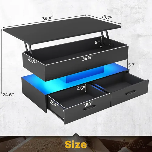 Vista 2 de SEDETA Mesa de centro elevable de 40 pulgadas, mesas de centro con almacenamiento para sala de estar, mesa de centro pequeña con 2 cajones y luz LED