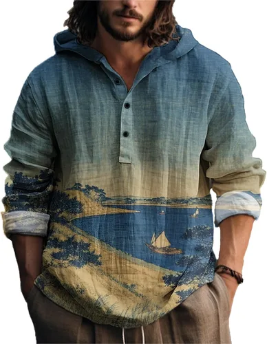 Vista 20 de MARSVOVO Camisa con capucha para hombre, vintage, retro, de 3 botones, manga larga, ligera, ligera, a la moda, casual, para uso diario, primavera