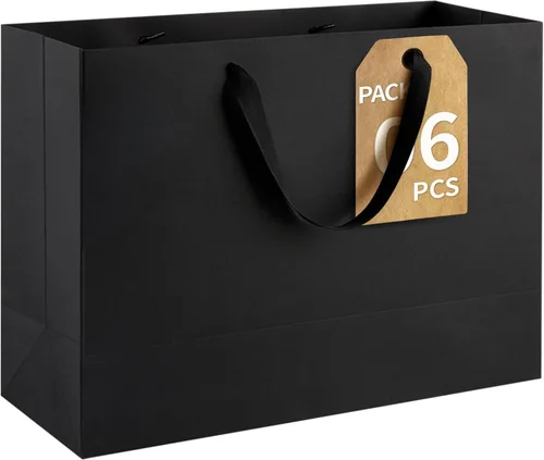 Vista 9 de Ohuimrt 6 bolsas grandes de regalo negras con asas, 12.5 x 4.5 x 11 pulgadas, bolsas de papel negro mate de alta calidad para fiestas, compras