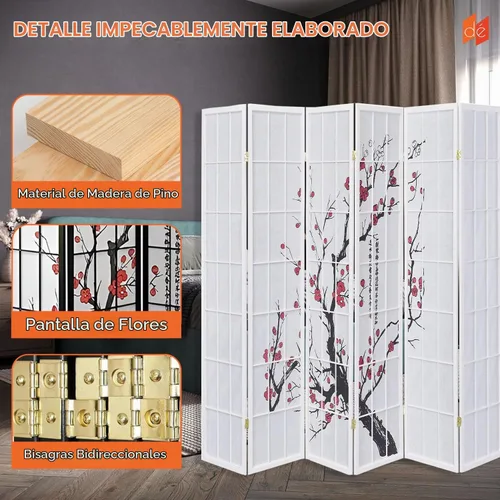 Vista 4 de Legacy Decor Biombo de 4 paneles para habitación con diseño de ciruelo en flor. Negro