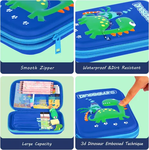 Vista 3 de homicozy Estuche para lápices para niños, bonito juego de papelería de dinosaurio para niños, organizador de lápices escolar de EVA 3D