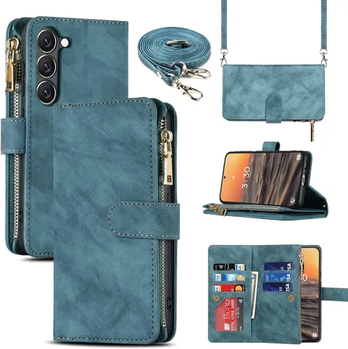 Vista 28 de Cavor Funda tipo cartera cruzada para Samsung Galaxy S22 Plus, color negro Funda de cuero con cierre magnético con cremallera y función atril TPU