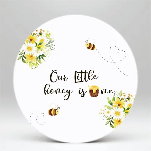 Vista 3 de Fondo redondo de abejas para el primer cumpleaños con texto en inglés "Our Little Honey is One Baby Birthday Party Decoración" Fotografía Fondo NO-93